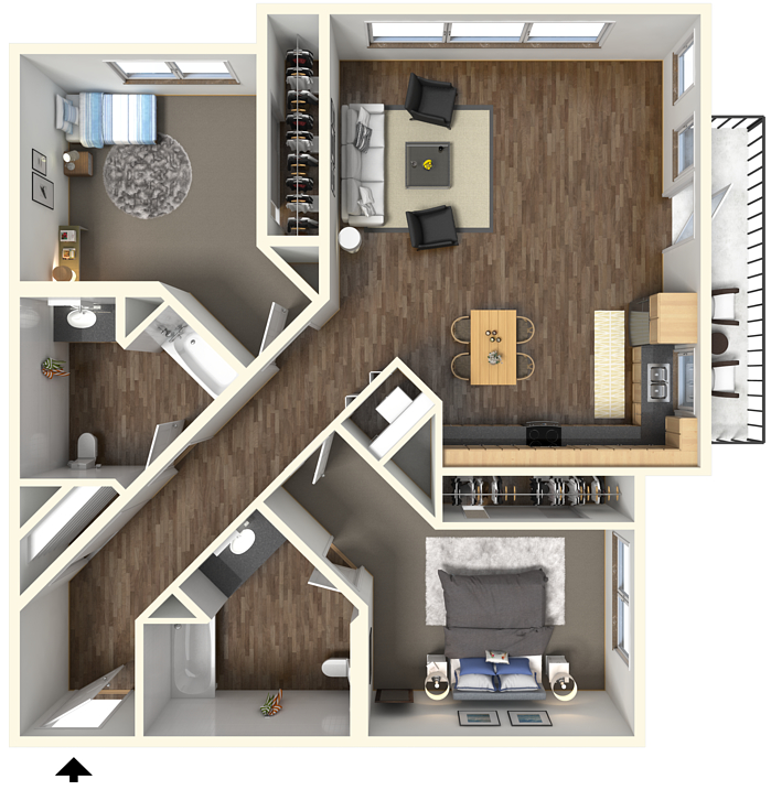 Floor plan for 2 beds, 2 baths, 1303 sqft